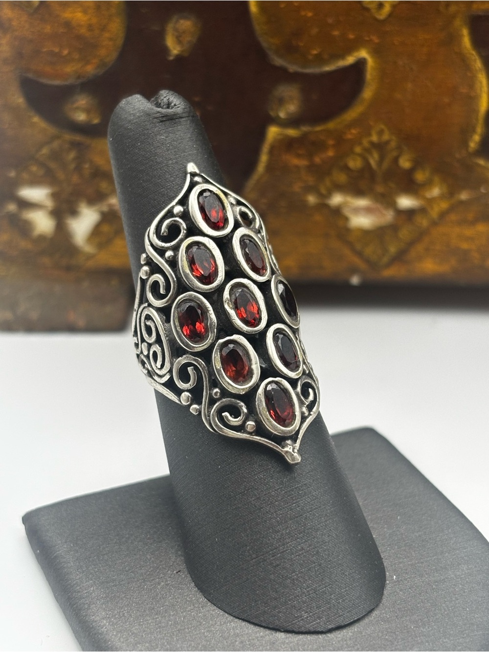 Sterling Silver Garnet Cluster Filigree Ring - Red